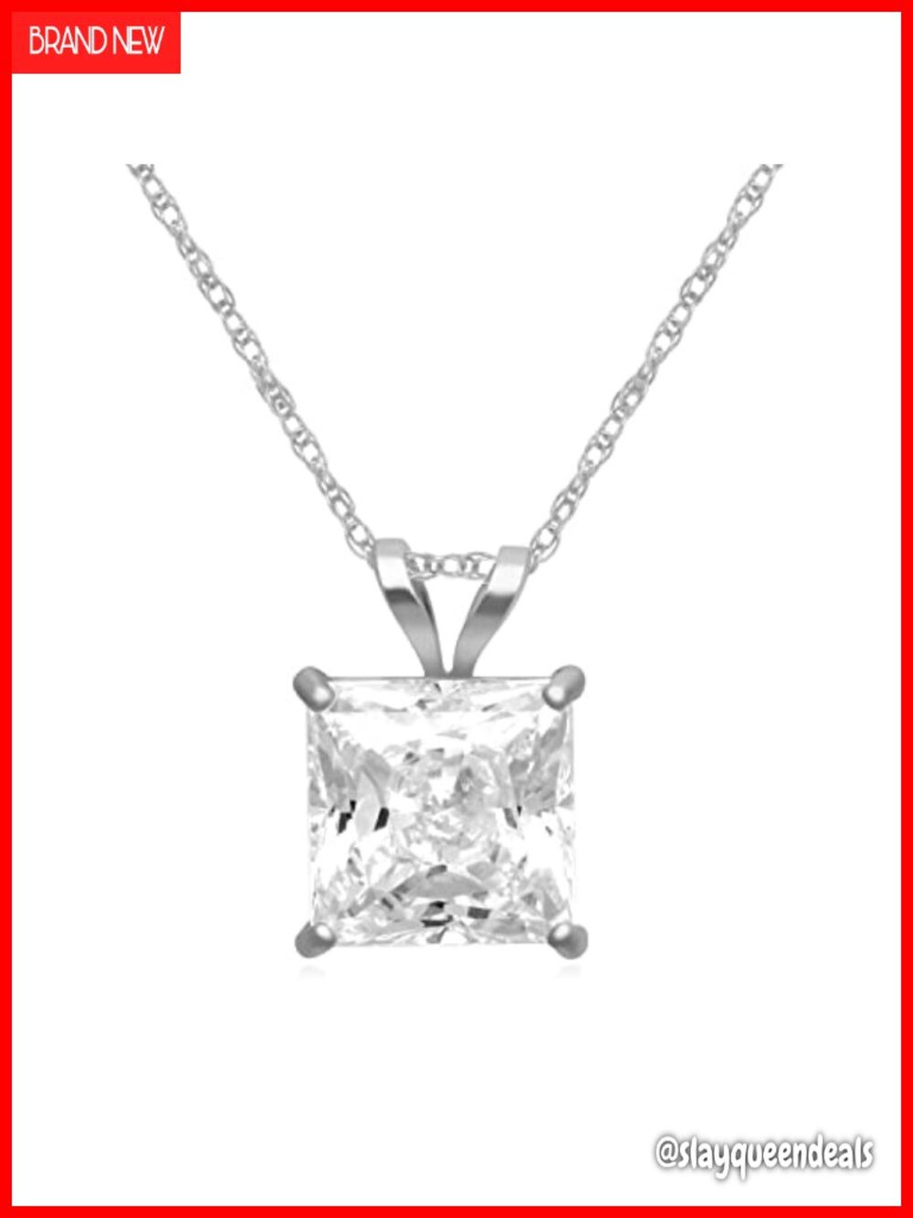10K White Gold Princess Cut CZ Solitaire Pendant Necklace 18" Rope Chain